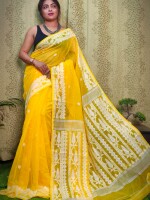 Lemon yellow soft silk jamdani saree