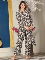 Floral black pure cotton night suit with bag packing