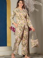 Yellow pure cotton floral design night suit with bag packing for women