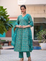 Hand block printed cotton designer Anarkali top & Pant with soft cotton dupatta