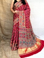 Red patola handblock printed modal silk saree