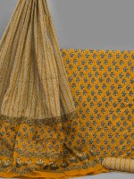 Pure cotton mustard hand printed dress material | unstitched suit with mulmul dupatta