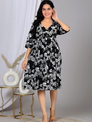 Stylish black V neck cotton dress with ruffled sleeves