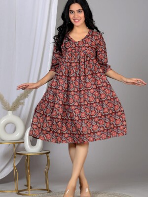 Beautiful floral printed v neck cotton ruffle dress