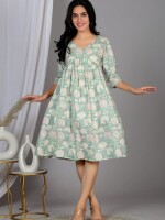 V neck sea green floral printed beautiful ruffle dress