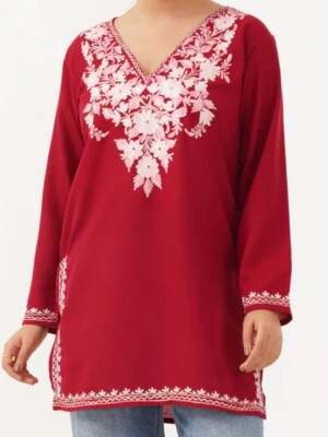 Elegant ruby cotton kashmiri embroidery short kurti with & without border