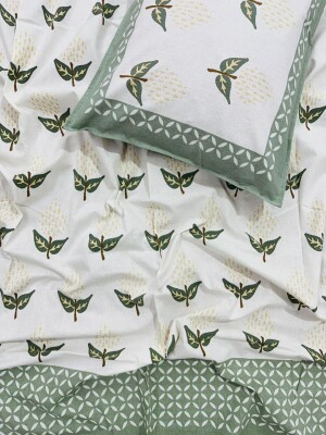 Leaf pattern pure cotton single bedsheet with pillow cover set of 2