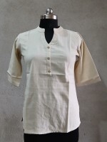 High neck v-collar off white short top for women