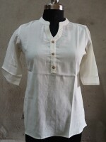 High neck v-collar off white short top for women