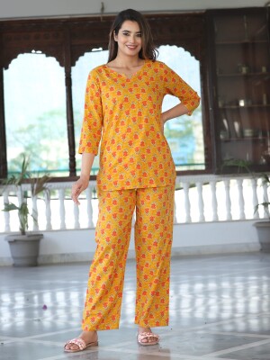 Mustard pure cotton night wear set for women