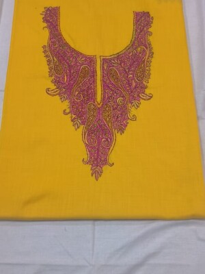 Hand embroidered yellow cotton dress material with kashmiri design – 2 pieces