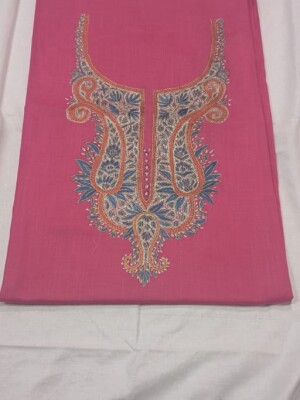 Hand needle embroidered pink cotton dress material with kashmiri design