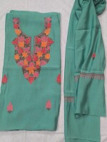 Sea green roman silk Kashmiri dress material with stunning aari embroidery