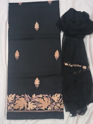 Black ruby cotton 3 piece unstitched Kashmiri suit with half pure dupatta and daman aari work