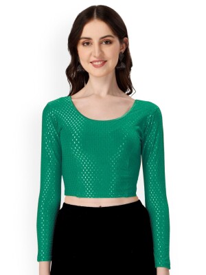 Round neck dark green polyester full sleeve blouse