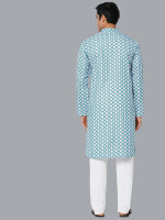 Ocean blue color poly cot digital white flower printed men long kurta