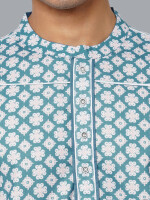 Ocean blue color poly cot digital white flower printed men long kurta