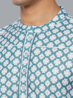 Ocean blue color poly cot digital white flower printed men long kurta