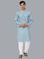 Ocean blue color poly cot digital white flower printed men long kurta