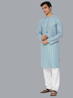 Ocean blue color poly cot digital white flower printed men long kurta