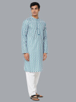 Ocean blue color poly cot digital white flower printed men long kurta